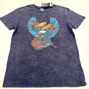 Willie Nelson Band Graphic Tee T-shirt Stonewashed Acid Wash Navy Eagle Guitar